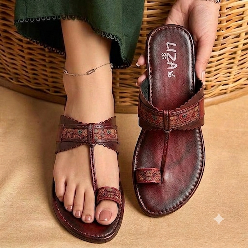 Maroon Petal-Edge Floral T-Strap kolhapuri