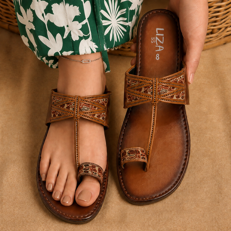Honey Gold Floral Jacquard Toe Ring kolhapuri