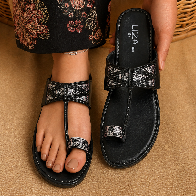 Black Floral Jacquard Toe Ring kolhapuri