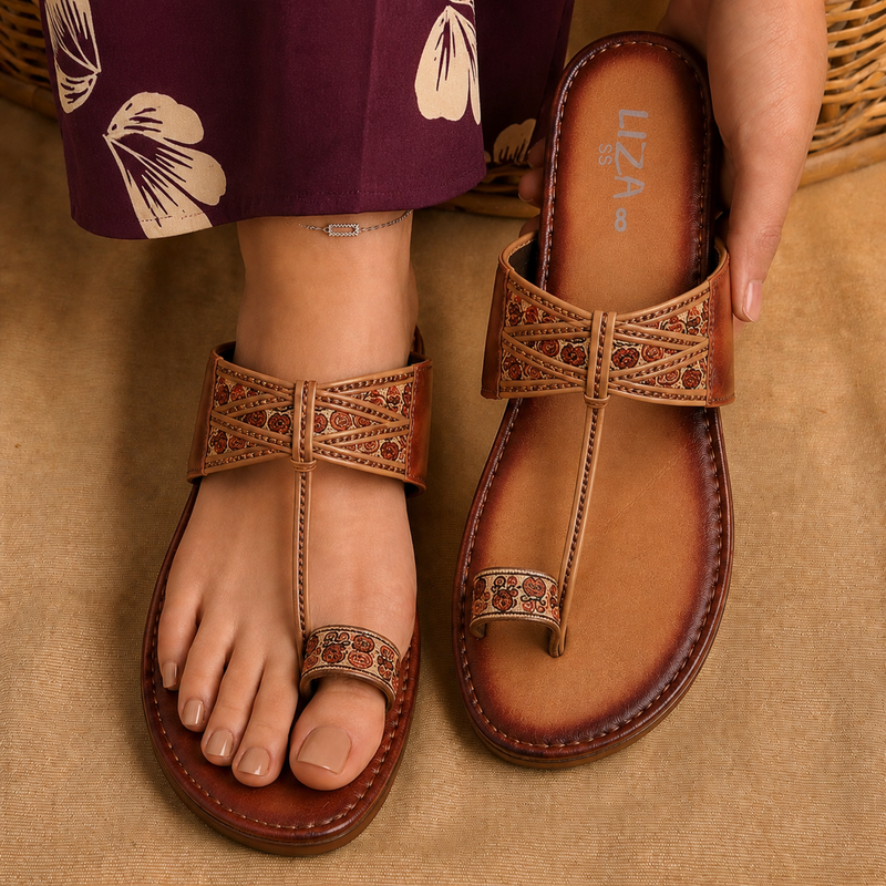 Caramel Floral Jacquard Toe Ring kolhapuri