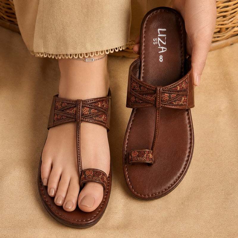 Brown Floral Jacquard Toe Ring kolhapuri